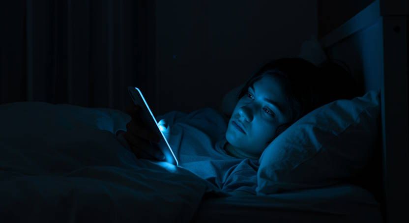 Dayton woman lying in bed scrolling on her phone in a dark room with blue light radiating off her phone