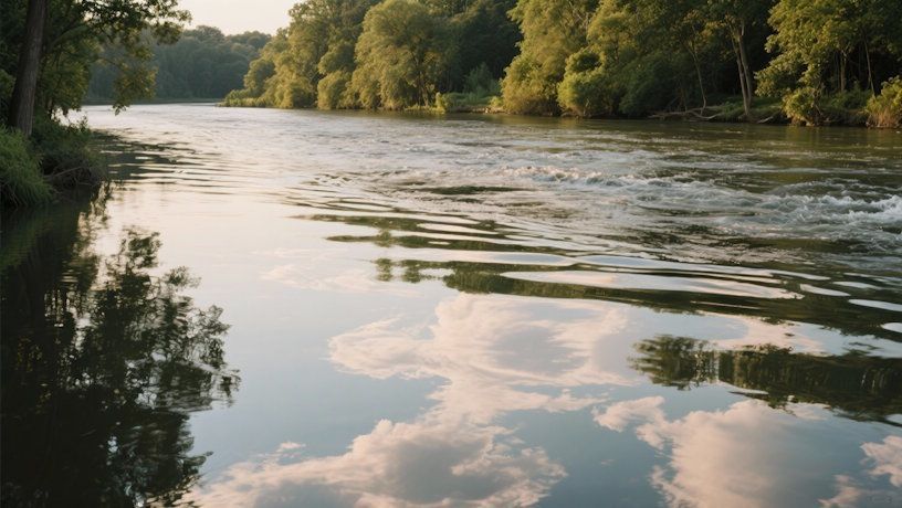 Flowing water of the Great Miami River reflection of clouds