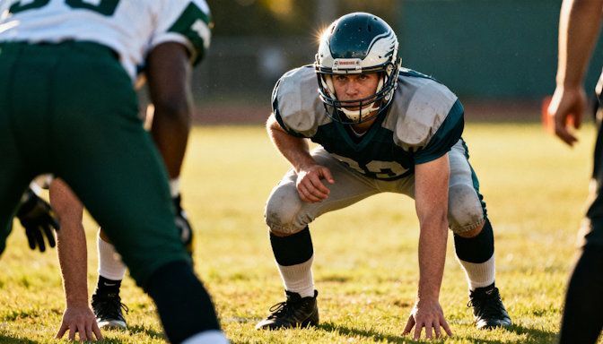 Football player with helmet on staring downfield with intense focus before the snap