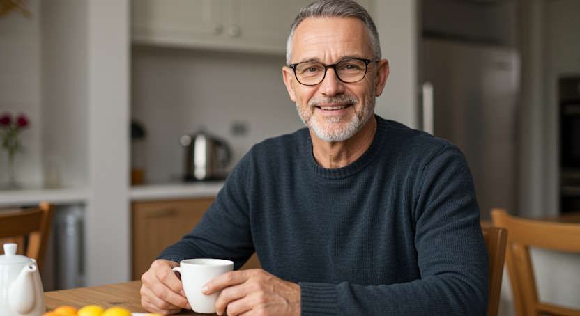 Gary - from Germantown - short hair and reading glasses got awesome results from hypnosis for insomnia smiling with his morning coffee