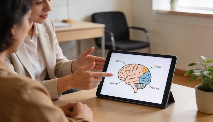 Hypnotist explaining the brain–behavior connection using a tablet how hypnosis works