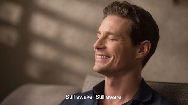 Close-up of a client smiling mid-session, showing awareness—captioned: “Still awake. Still aware.”