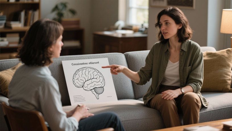 Therapist explaining how self-hypnosis works to her client
