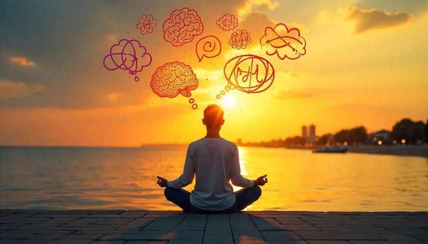 Trying to understand the ADHD brain and curious how to fine tune it as a man sits to meditate and focus next to the water during a sunrise