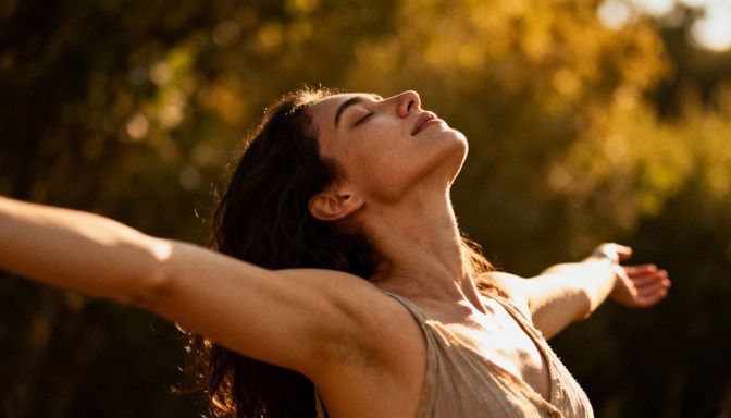 Woman stretching back in sunlight, with a peaceful and relieved expression on her face