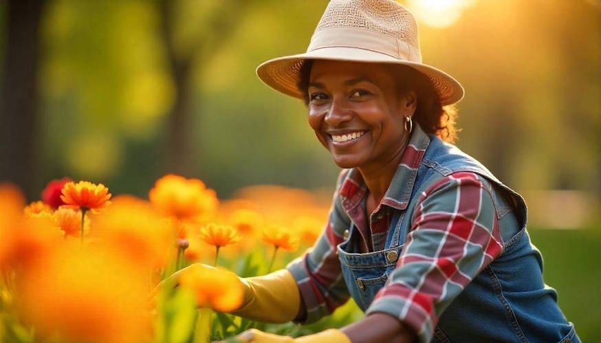 a smiling african american woman working in a flower garden in Dayton Ohio on a sunny spring morning