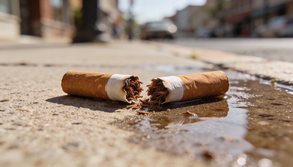Burnt up cigarettes sitting on the ground symbolizing the end of smoking cigarettes for good