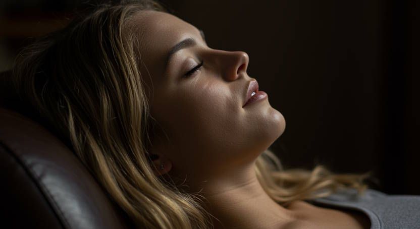 close-up of a woman laying back in her cozy leather chair with her eyes closed in deep relaxation, subtle breathing visible while in hypnosis