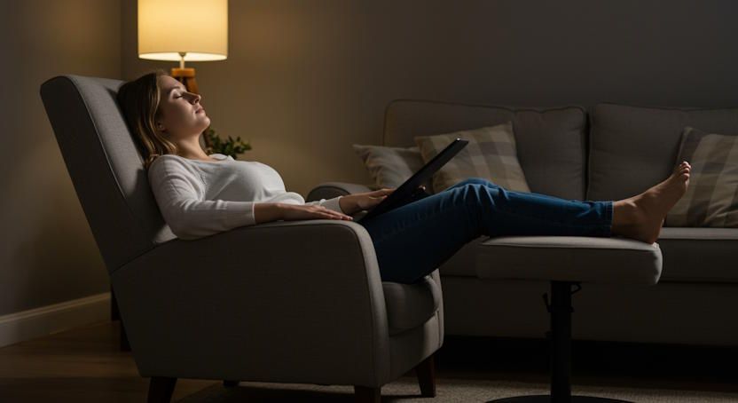 Dayton woman in her private remote hypnosis session resting on her cushioned easychair