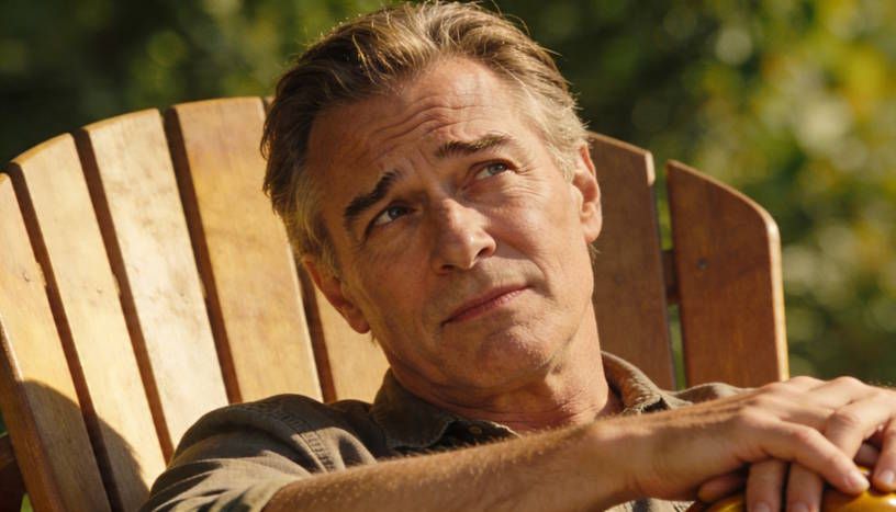 middle-aged man sitting in a comfortable chair slightly tilting his head with a thoughtful expression
