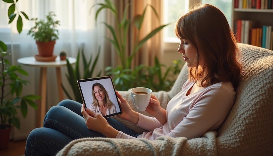 woman doing a remote hypnotherapy session with Everleigh Hypnosis therapist