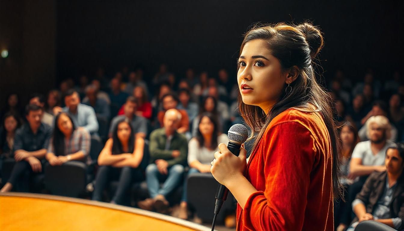 Woman on a stage afraid of speaking in public