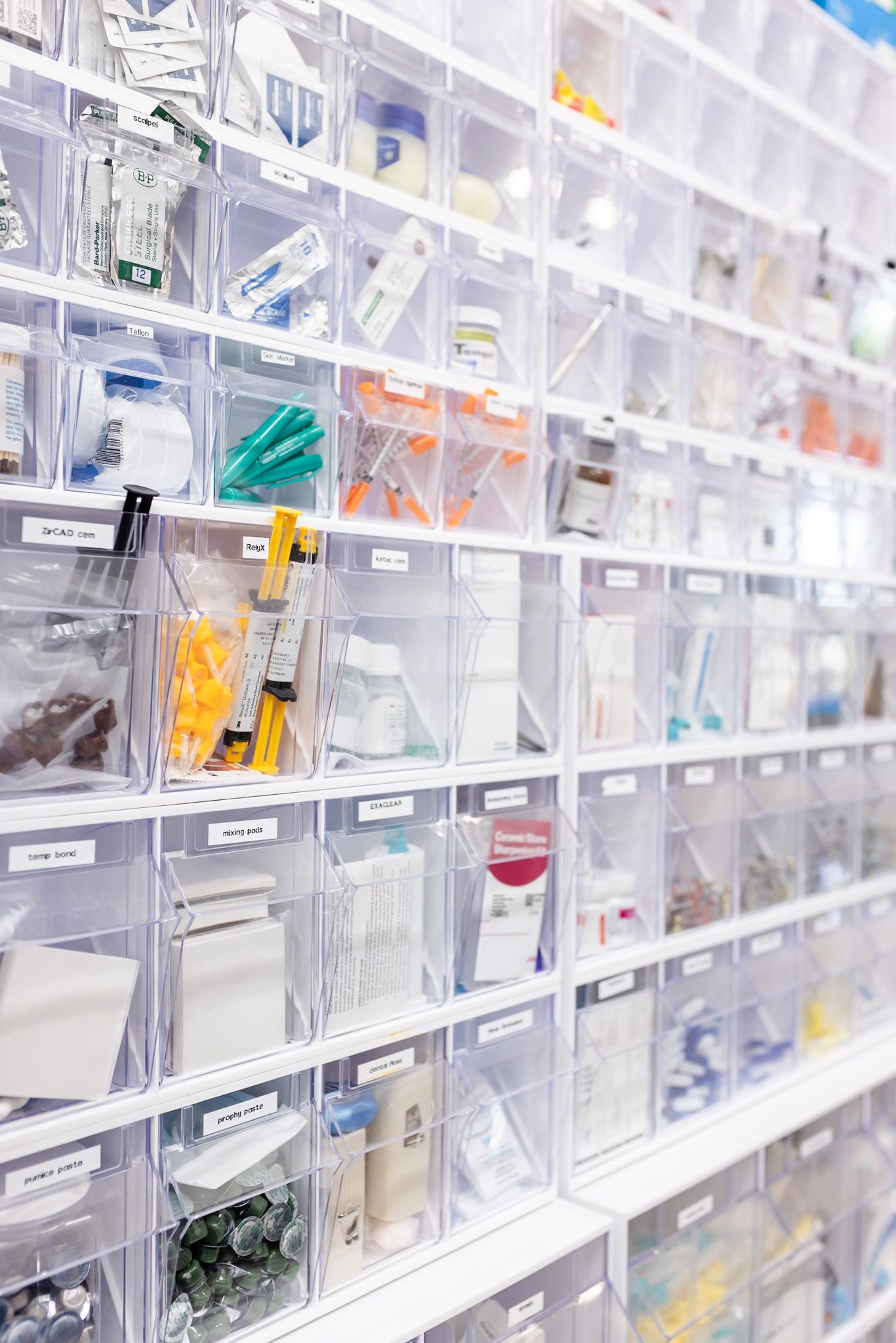 Organized shelves of crown and bridge materials at GEN2 Dentistry in Davie, FL