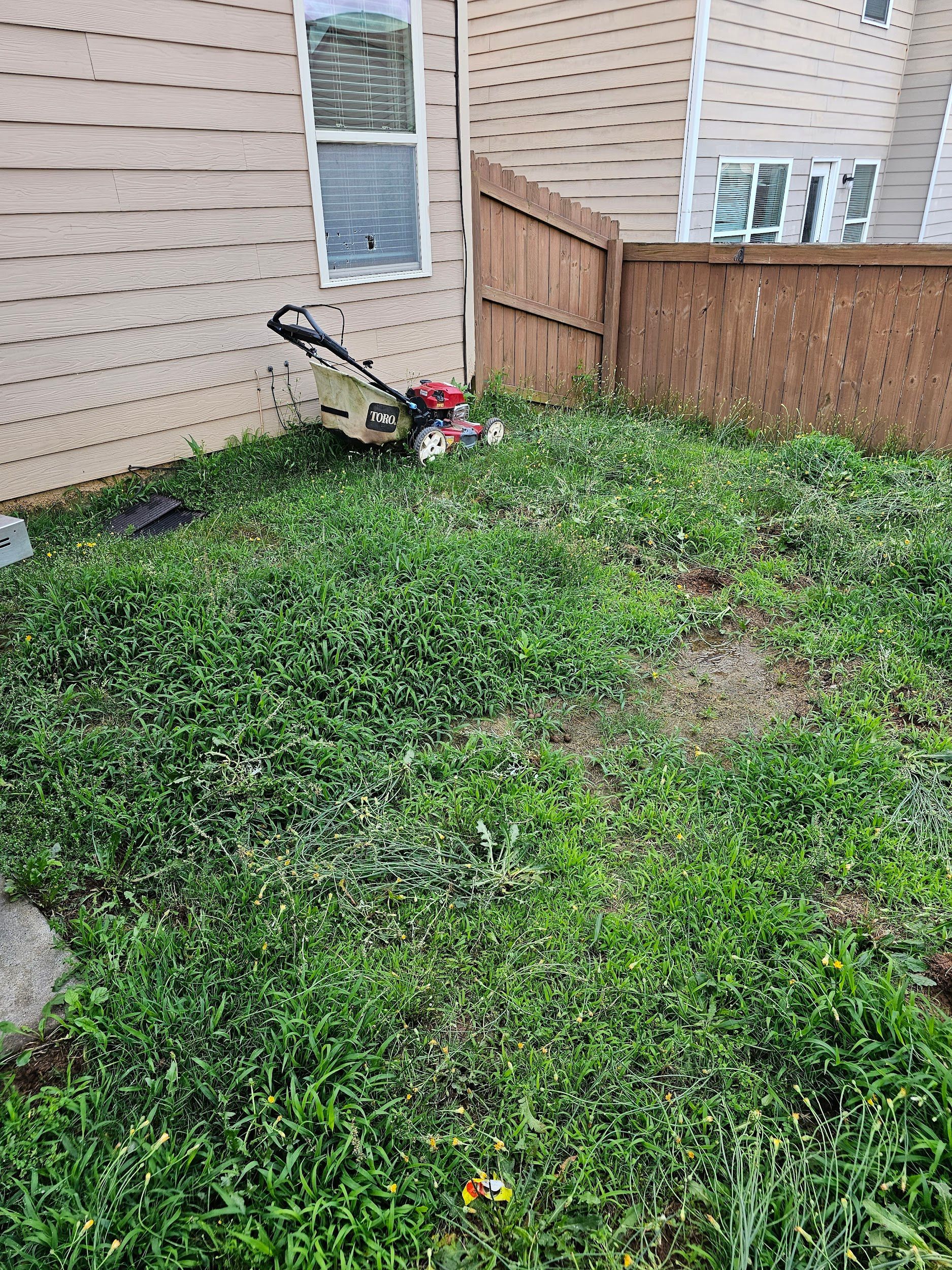 A lawn mower is sitting in the grass in front of a house.