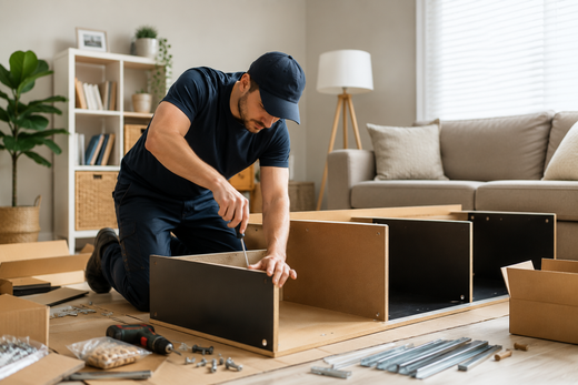 Stacked cardboard boxes beside a mop and cleaning bucket on a hardwood floor in an empty room