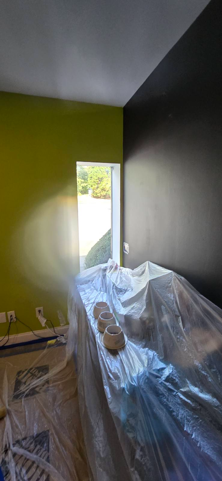 Partially renovated room with green and black walls, doorway to daylight, and furniture covered in plastic.