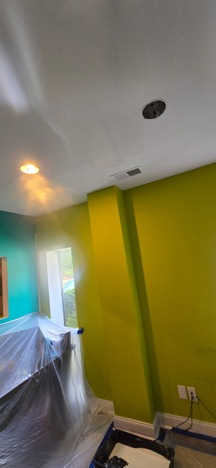 Bright green room with white ceiling, covered furniture, and a window near a doorway.