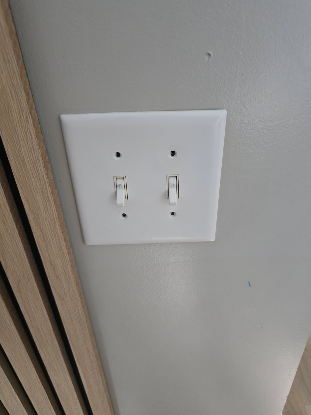 White light switch plate with two toggle switches on a gray wall.