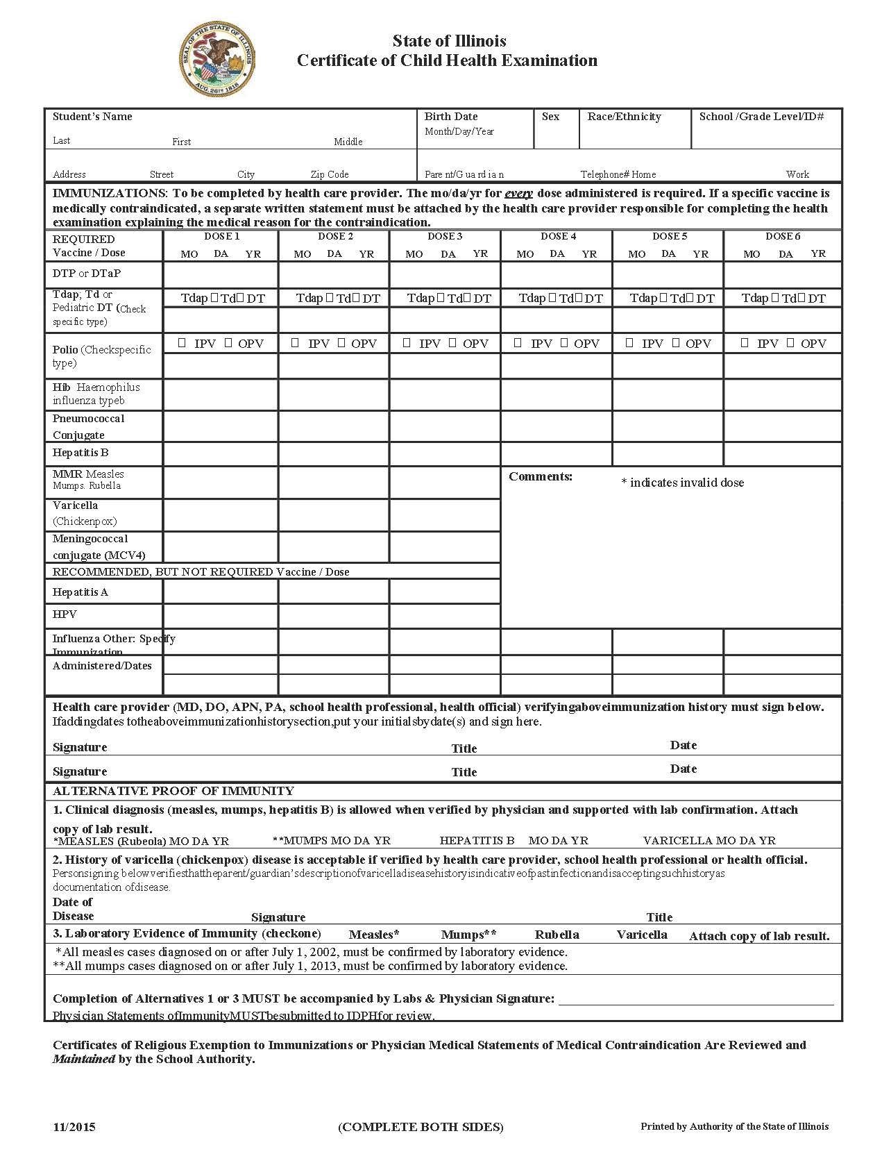 Illinois Certificate of Child Health Examination form for school enrollment and immunization records.