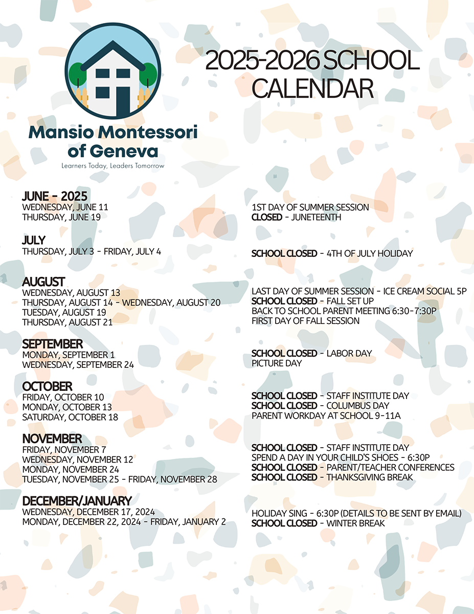 Mansio Montessori of Geneva 2025–2026 school calendar with key dates, holidays, and closures.
