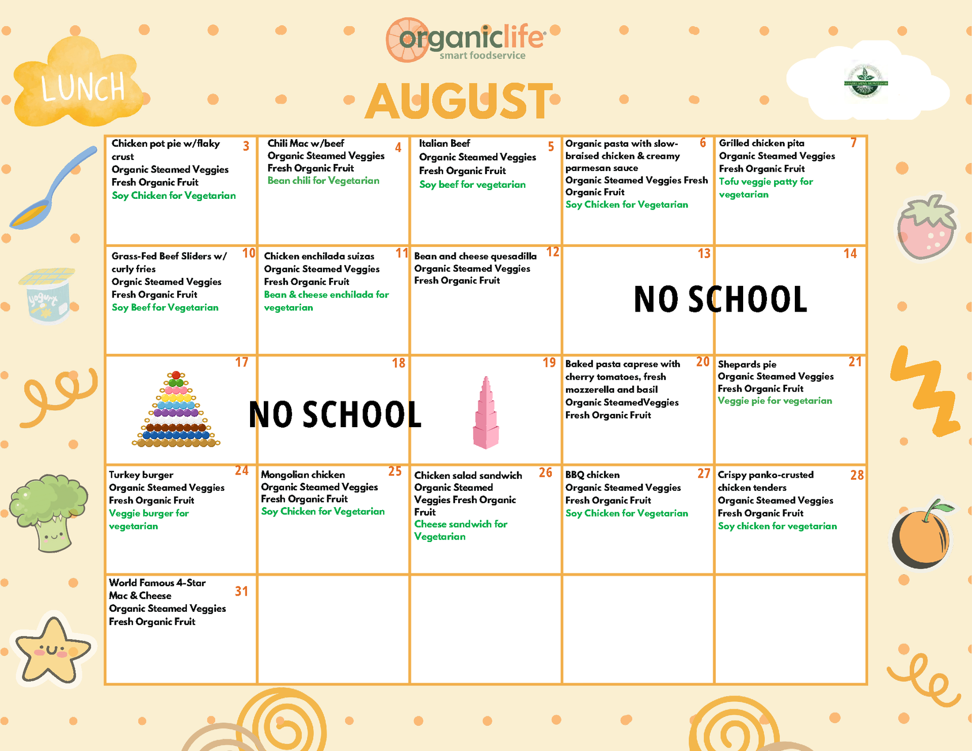 Mansio Montessori March lunch menu with daily organic meals and vegetarian options.