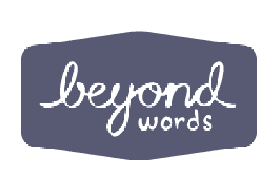 Logo with the words “beyond words” in white lowercase script on a dark blue rounded rectangle background.