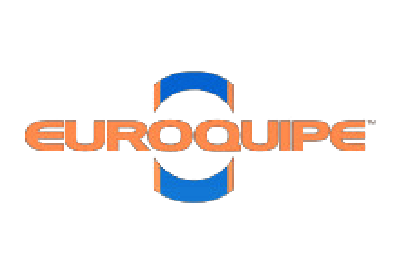Logo with the word “EUROQUIPE” in orange capital letters and curved blue shapes above and below the text.