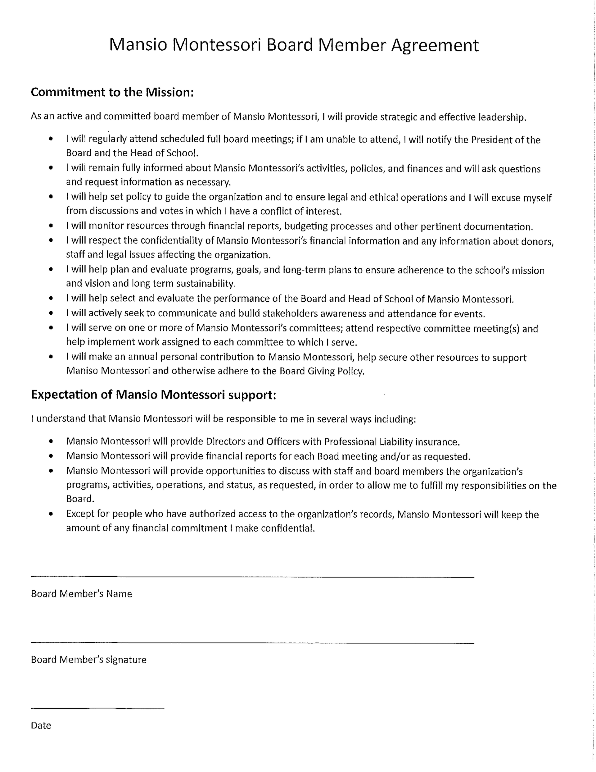 Mansio Montessori board member agreement outlining responsibilities, expectations, and commitment to mission.