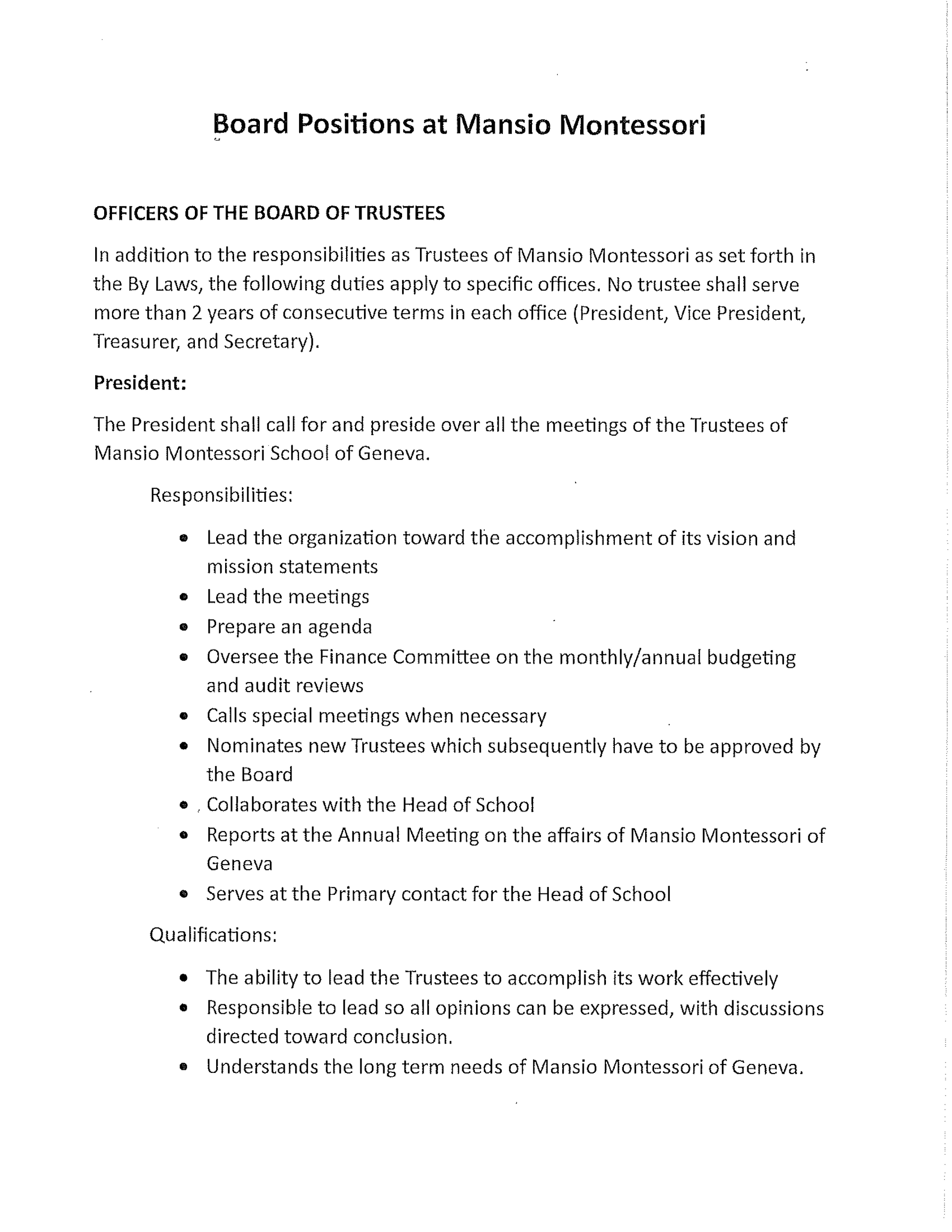 Mansio Montessori board positions document outlining trustee roles, responsibilities, and qualifications.