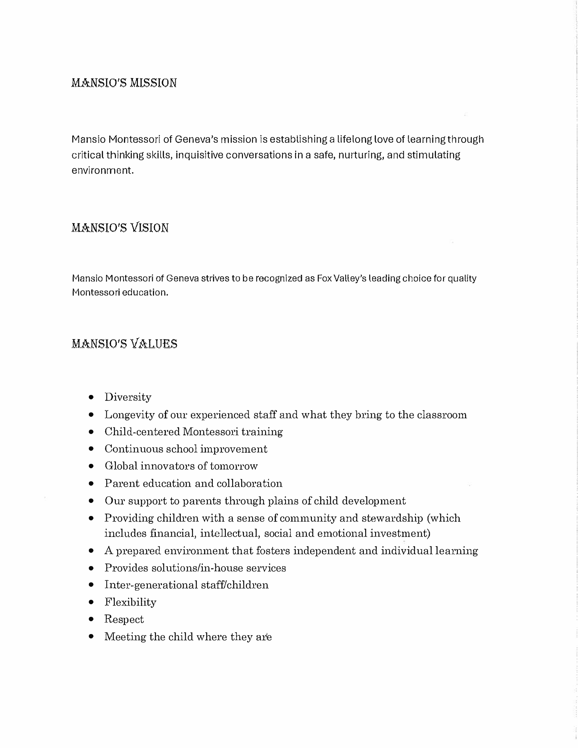 Mansio Montessori of Geneva mission, vision, and values document outlining educational philosophy.