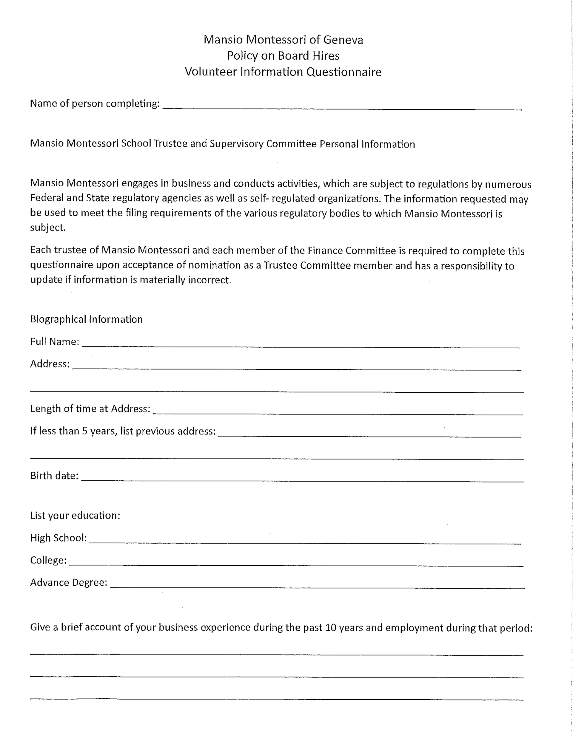 Mansio Montessori board hire volunteer questionnaire form for trustees and committee members.