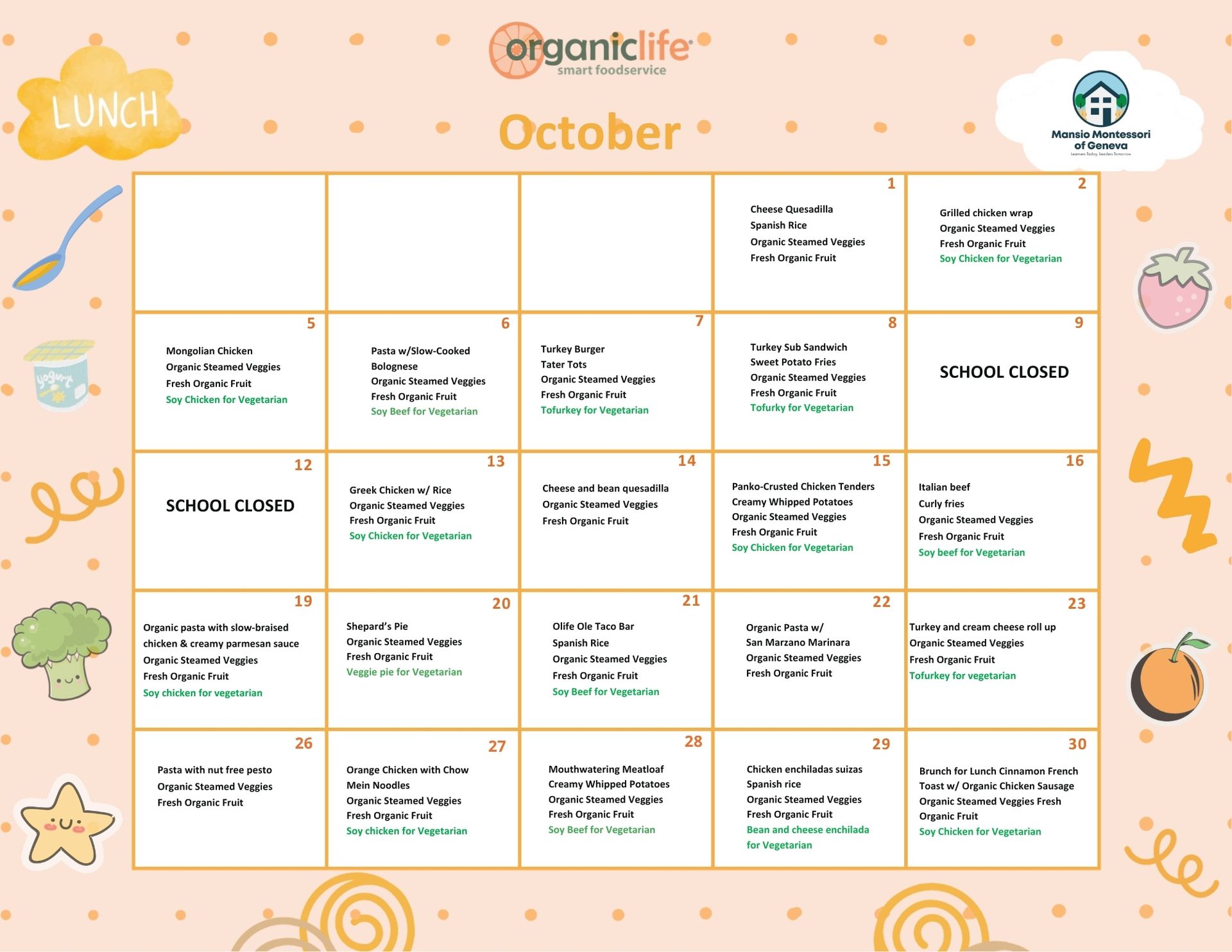 Mansio Montessori March lunch menu with daily organic meals and vegetarian options.