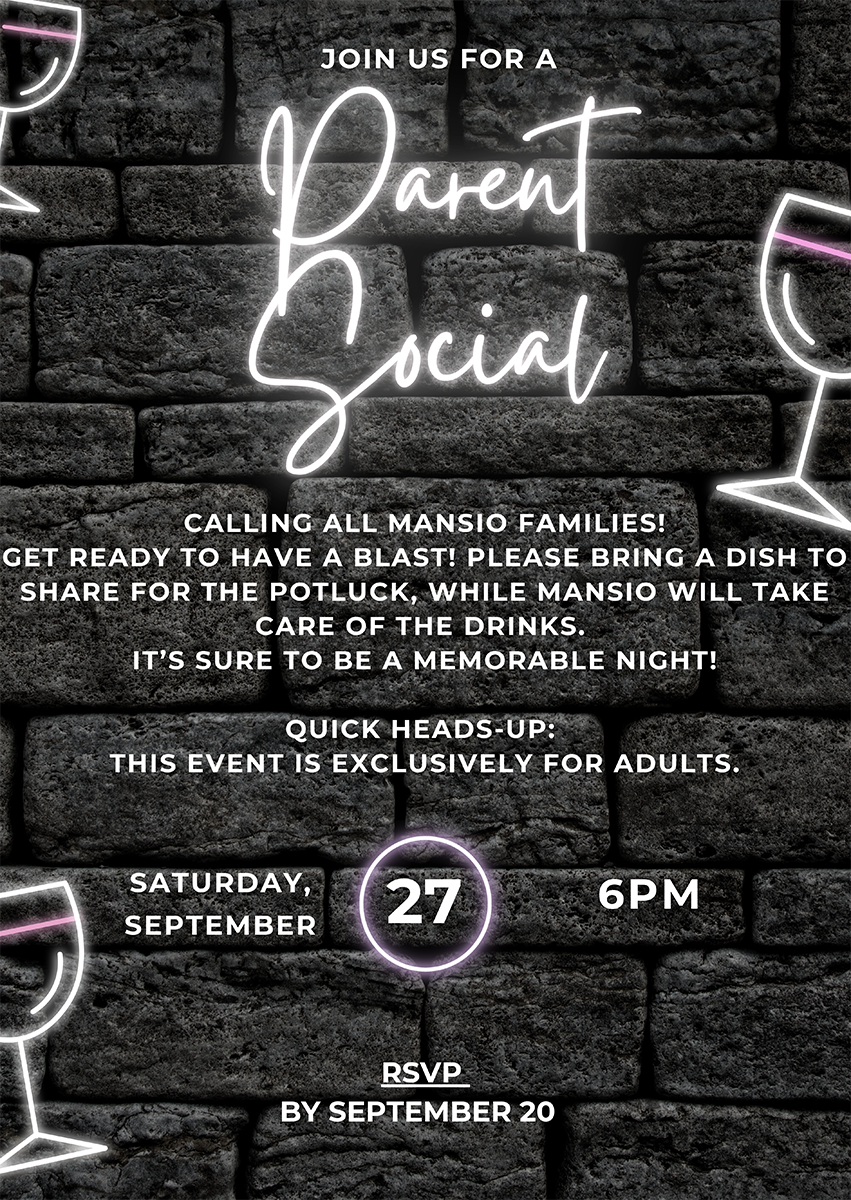 Mansio Montessori parent social event flyer with date, time, RSVP details, and adults-only notice.