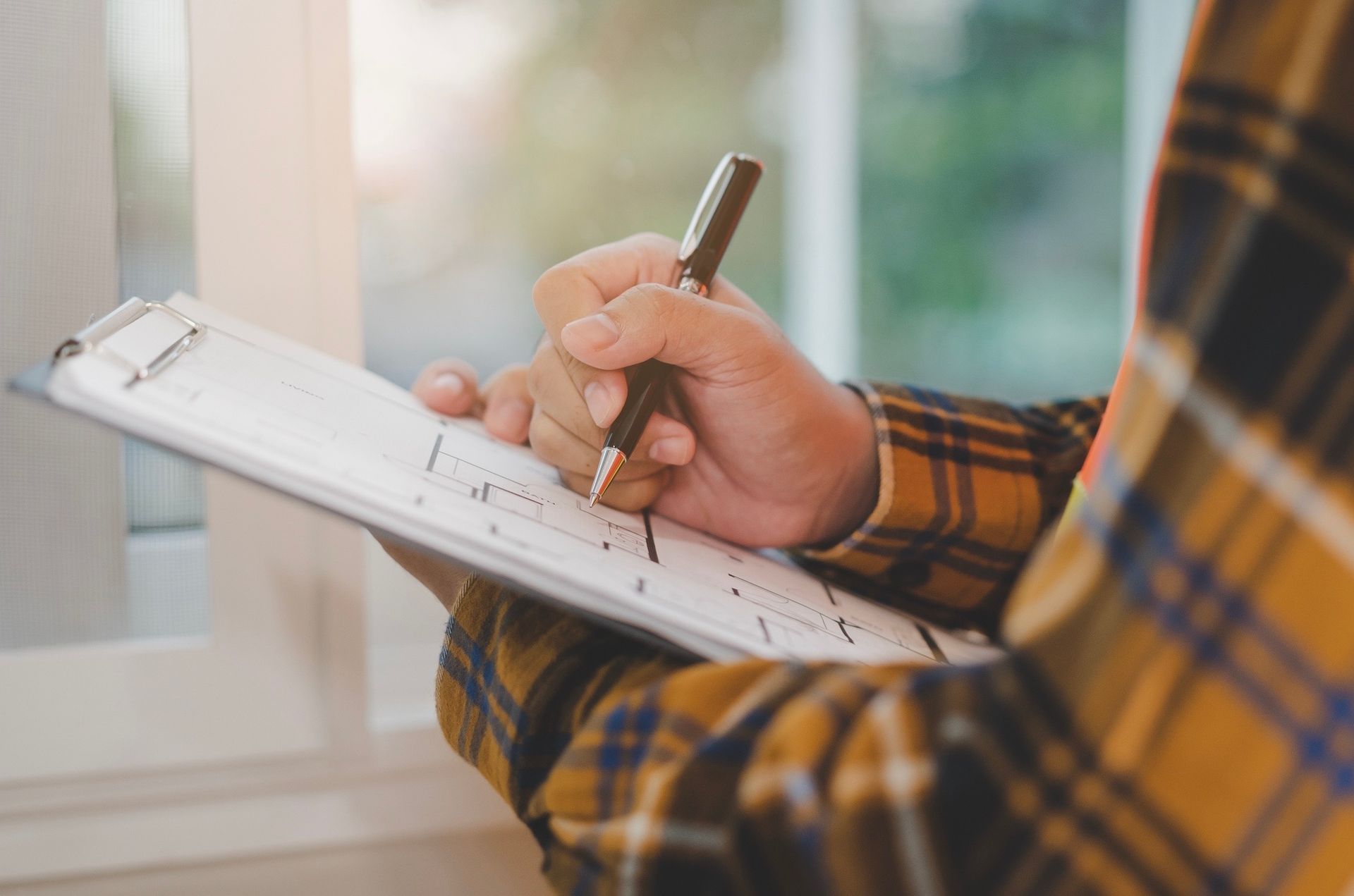 A man is writing on a clipboard with a pen.