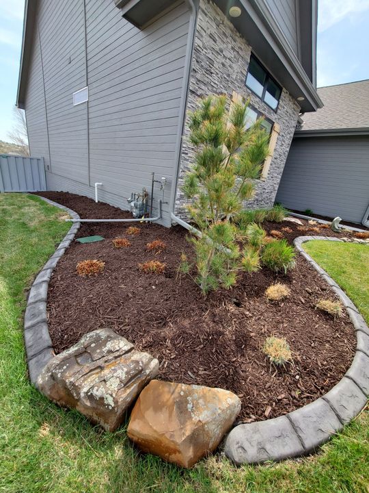 Landscaped area with mulch, plants, rocks, and a decorative border along a house with gray siding.
