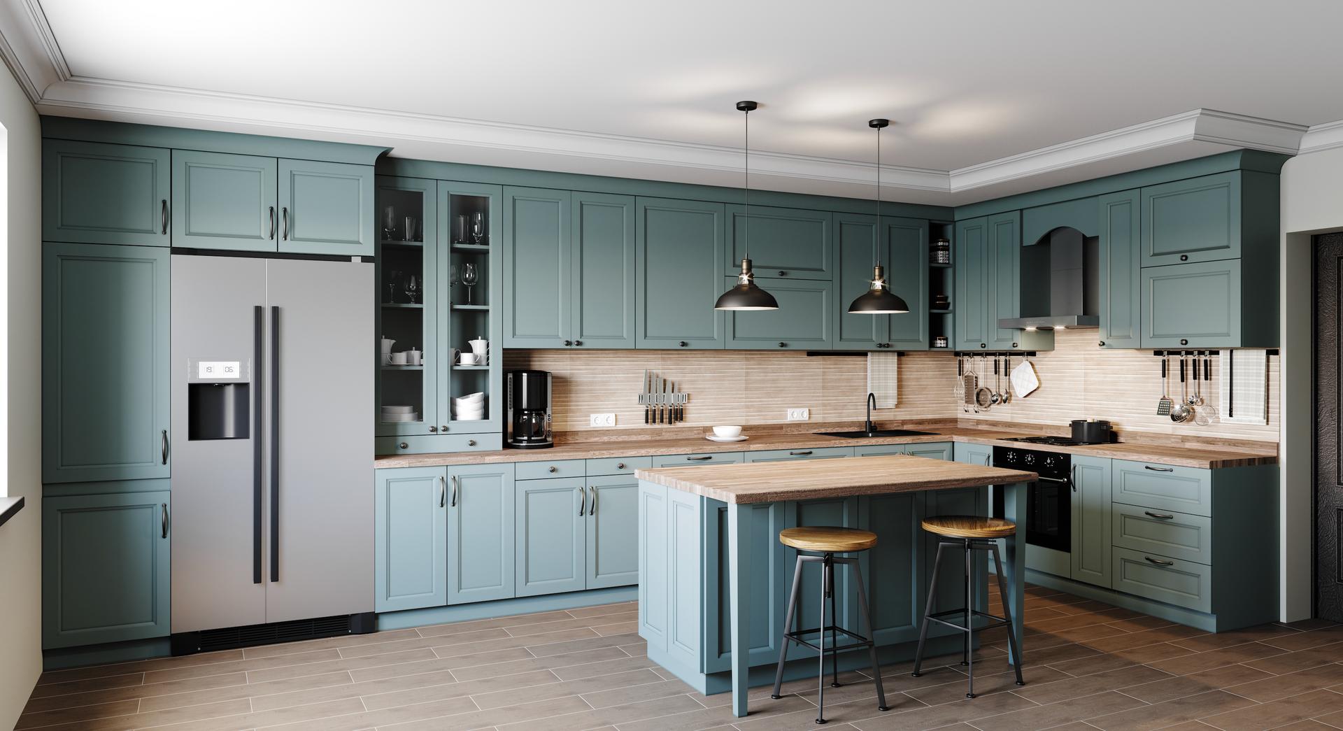 Teal kitchen with wooden accents and island, stainless steel refrigerator, and two pendant lights.