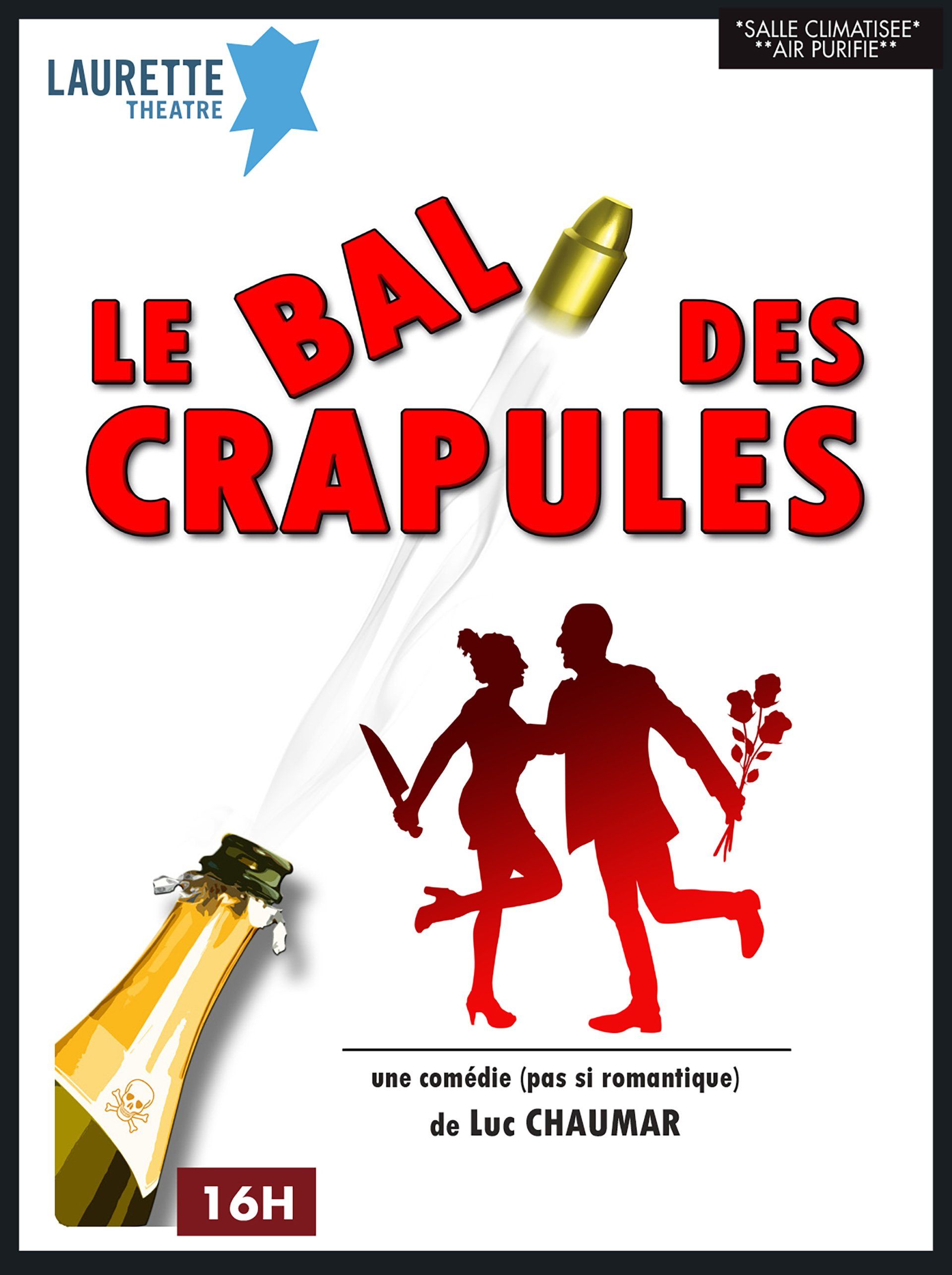 "The Ball of Scoundrels" filminin afişinde, beyaz bir arka plan üzerinde dans eden kırmızı silüetler ve şampanya şişeleri yer alıyor