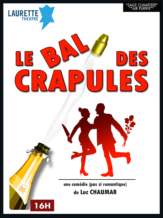"Le Bal des Crapules" için hazırlanmış, beyaz zemin üzerinde kırmızı dansçı silüetleri ve bir şişe şampanya bulunan poster.