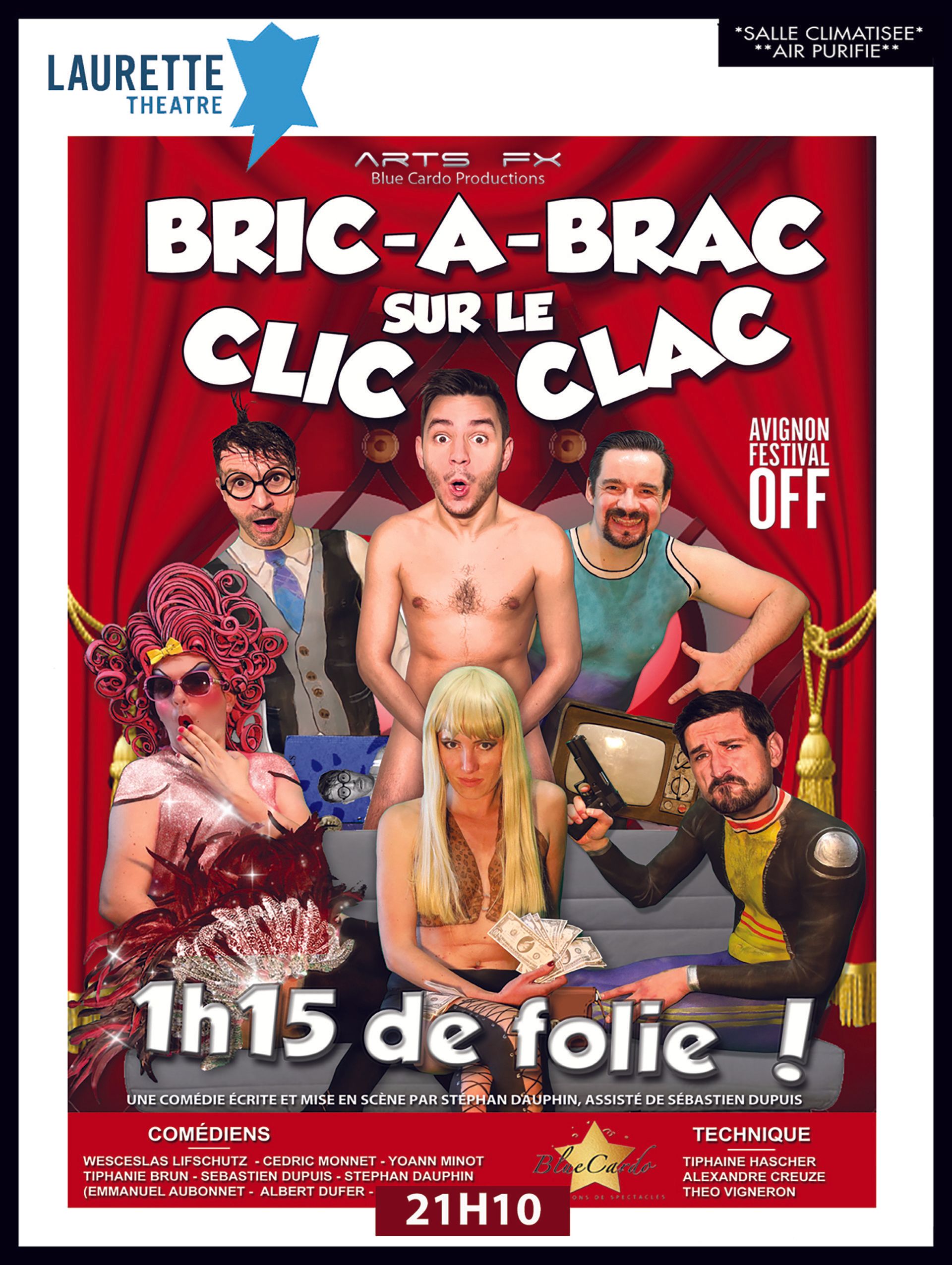 Affiche du spectacle d'humour « Bric-à-Brac sur le clic clac », avec cinq artistes et un texte rouge et blanc en gras.