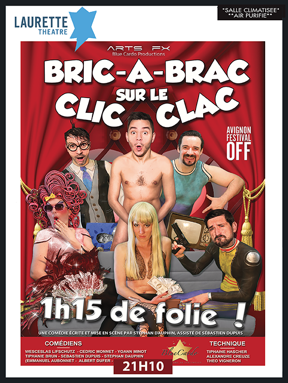 Affiche pour « Bric-à-Brac sur le Clic Clic », avec quatre artistes et des lettres rouges en gras sur un fond théâtral