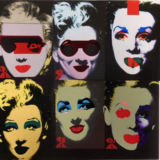 Yüzlerin üzerine yerleştirilmiş parlak renkler ve şekillerle karakterize edilen, bir kadının altı renkli portresinden oluşan bir pop art kompozisyonu.