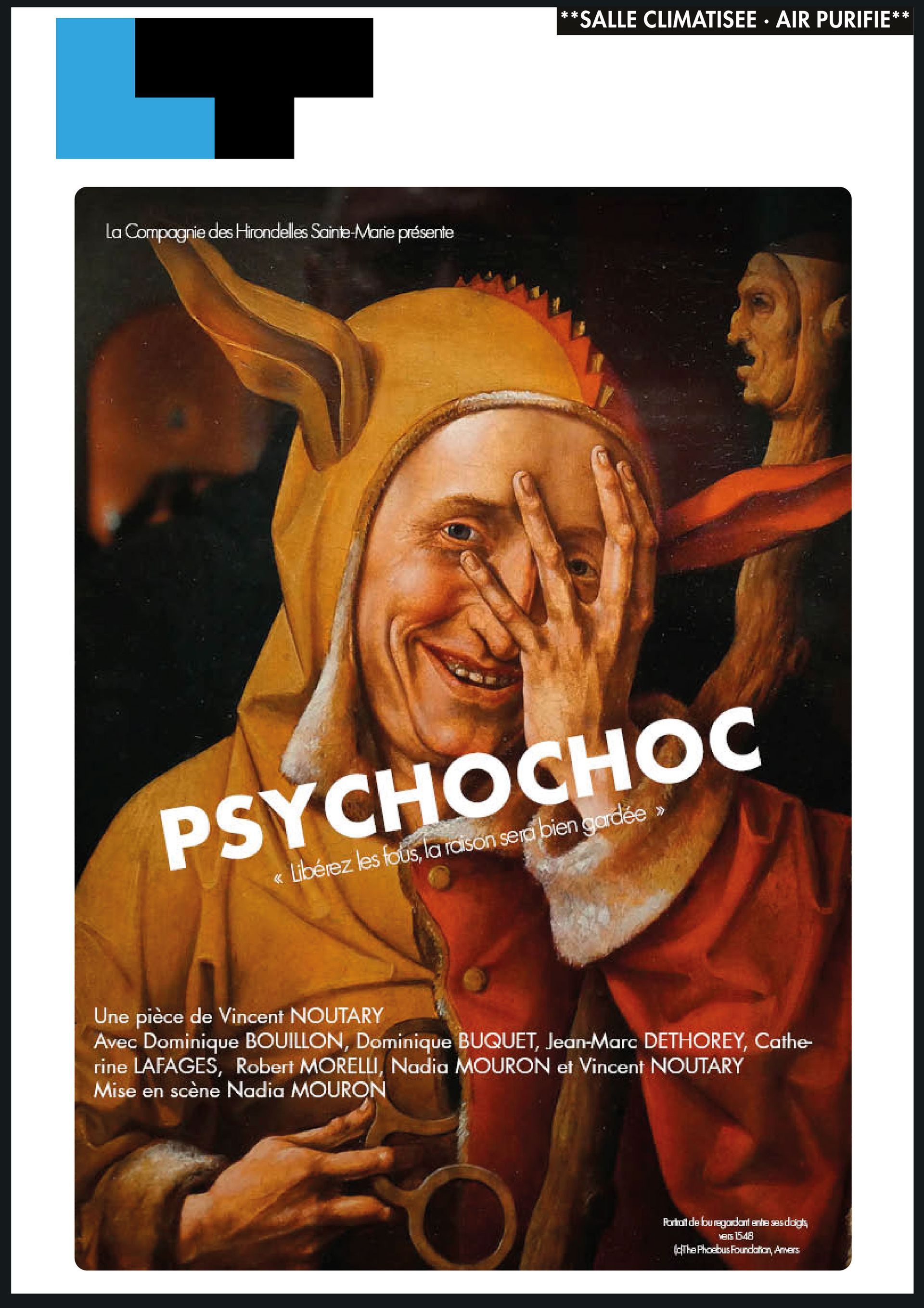 Affiche de film vintage avec un masque de clown et le titre blanc « PSYCHOCHOCO » en gros caractères sur fond sombre.