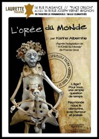 "L'Orée du monde" ಗಾಗಿ ಪೋಸ್ಟರ್, ಬೀಜ್ ಬಣ್ಣದ ಹಿನ್ನೆಲೆಯಲ್ಲಿ ಅಸ್ಥಿಪಂಜರದ ಬೊಂಬೆಯ ಆಕೃತಿ ಮತ್ತು ಫ್ರೆಂಚ್‌ನಲ್ಲಿ ಈವೆಂಟ್ ಪಠ್ಯವನ್ನು ಒಳಗೊಂಡಿದೆ