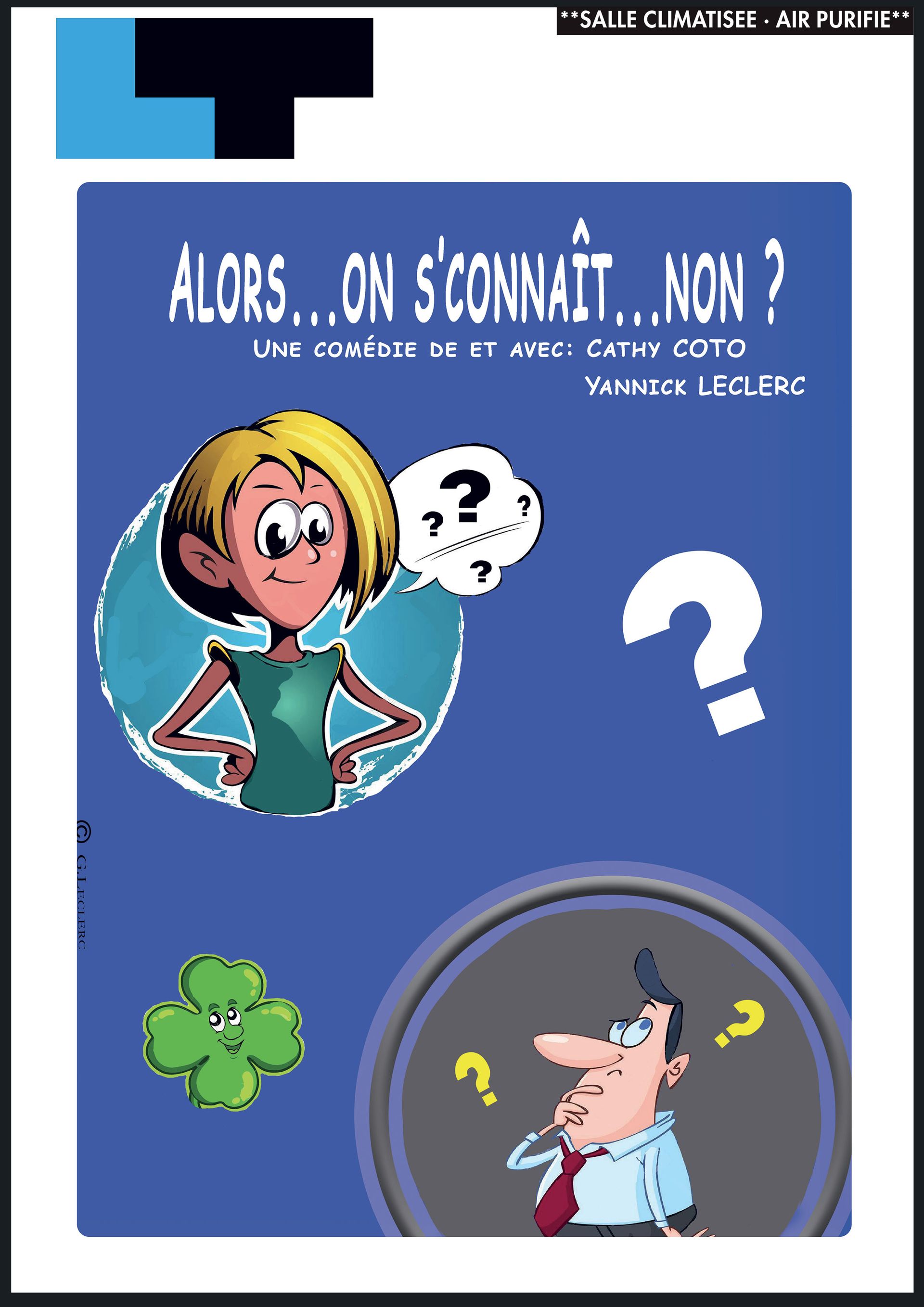 Couverture de bande dessinée avec une femme dessinée, un homme perplexe et un titre français sur fond bleu