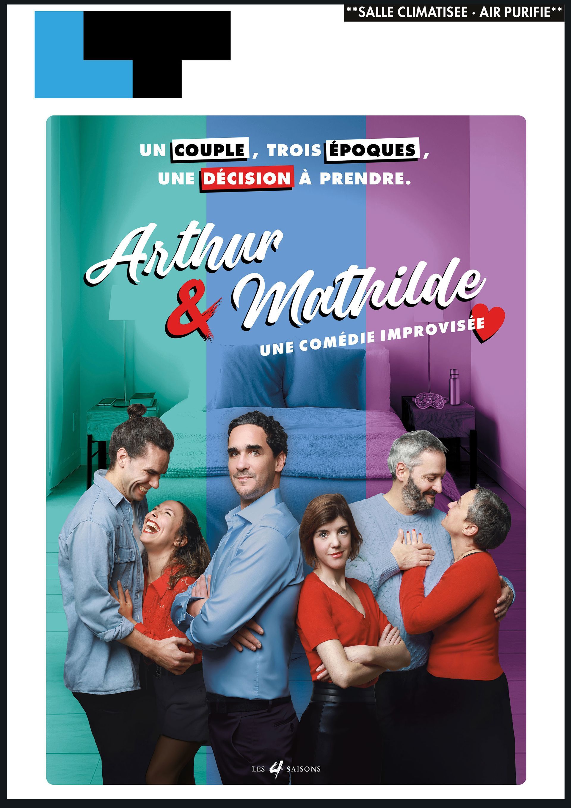 Affiche du film « Arthur et Mathilde », une comédie française, représentant six personnes sur fond violet.