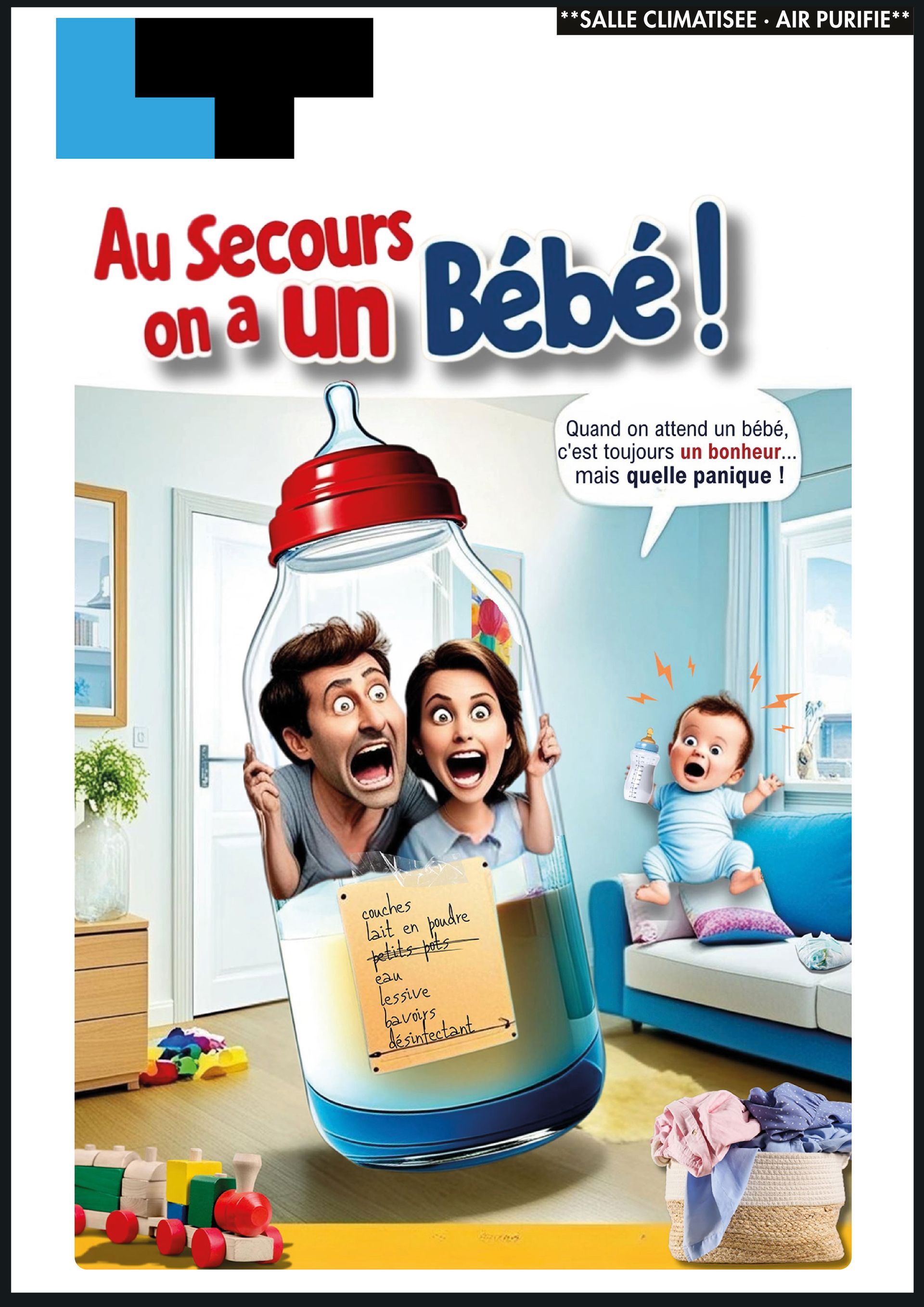 Couverture d'un livre français sur les soins aux bébés avec un biberon géant, deux adultes surpris et un bébé dans une chambre d'enfant