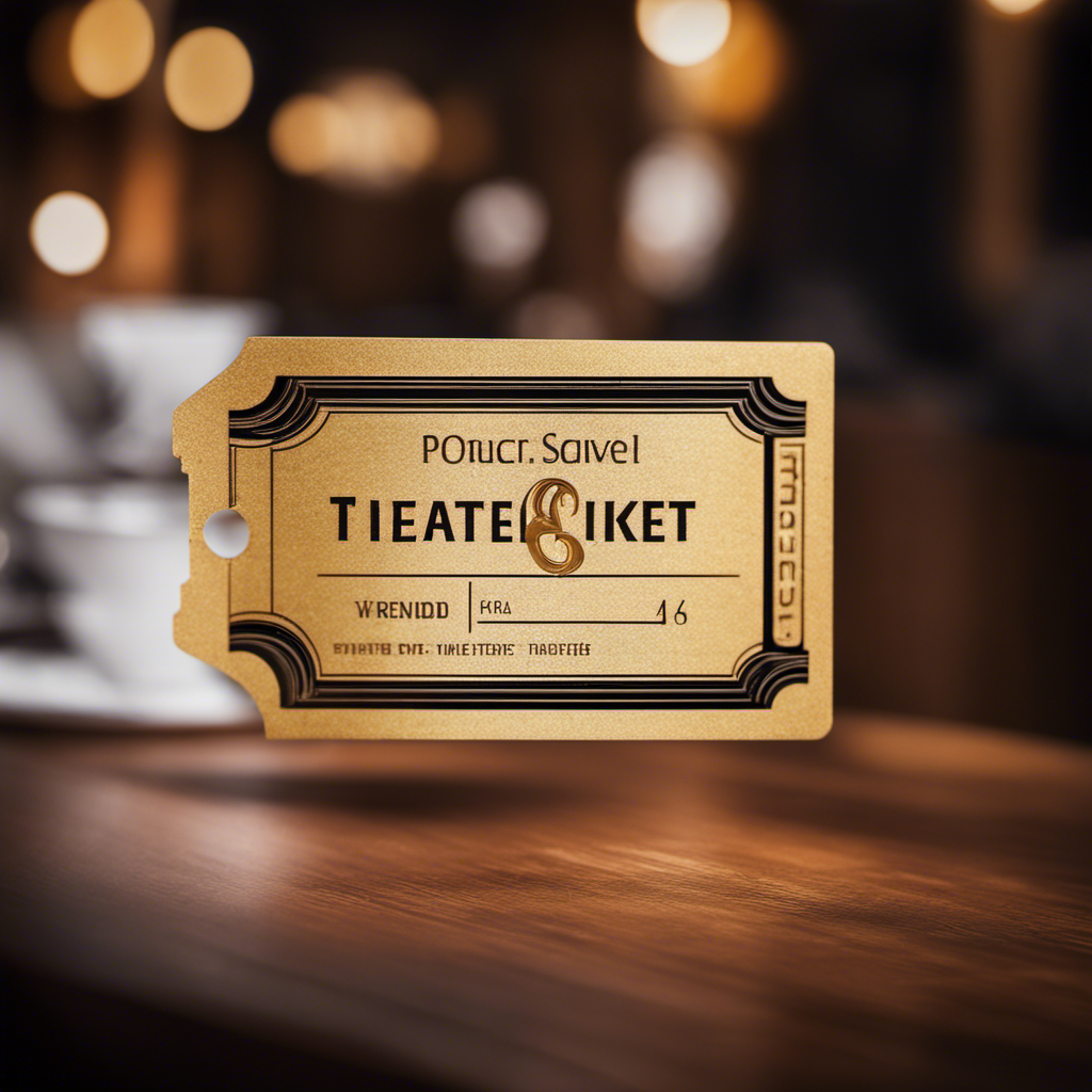 Ahşap bir yüzey üzerinde altın rengi bir tiyatro bileti, üzerinde "TEATERTIKET" ve "Power. Save!" yazıları bulunuyor. Arka planda bulanık bir kafe görüntüsü yer alıyor.
