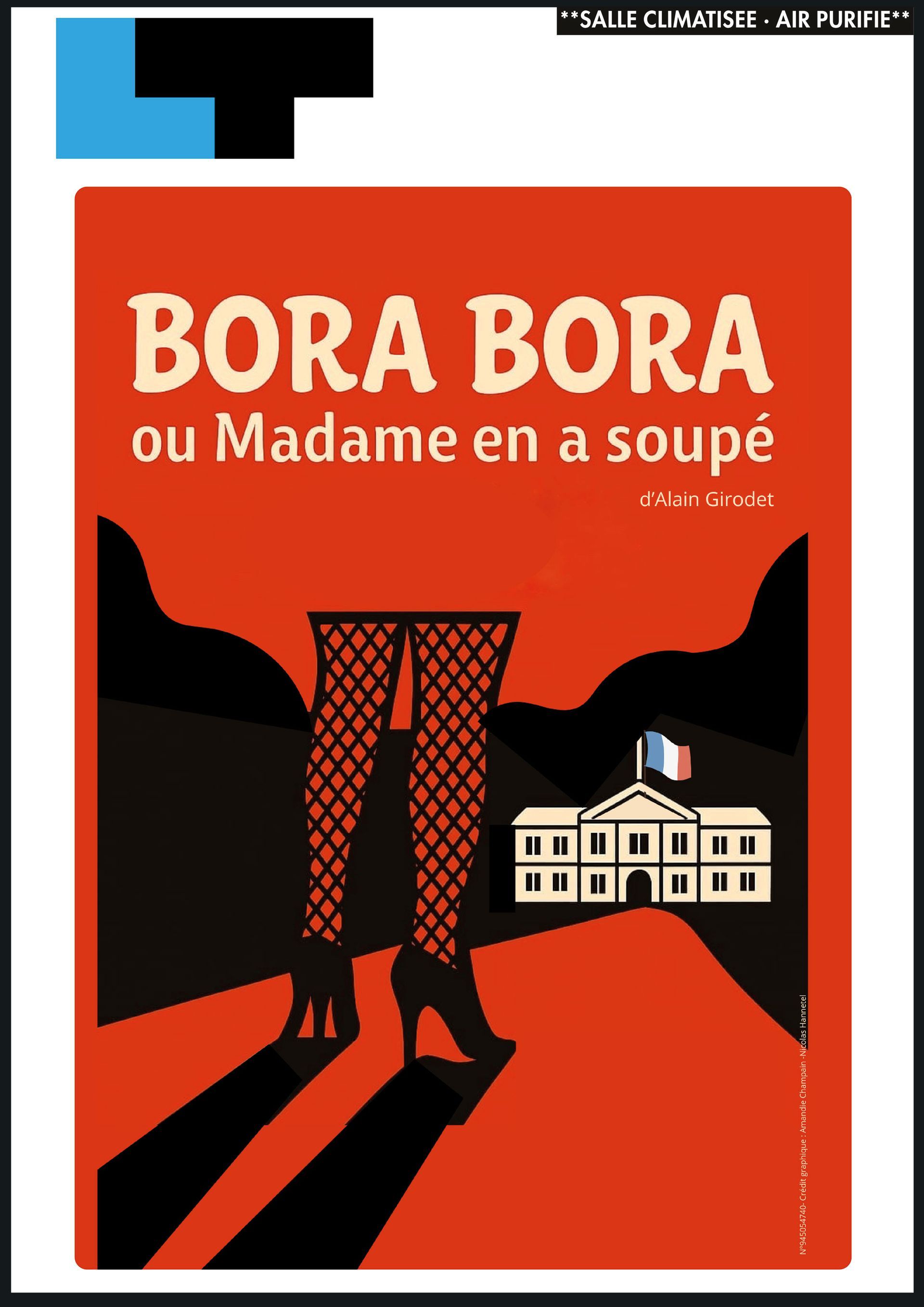 Couverture de livre à fond rouge, intitulée « Bora Bora ou Madame en a soupé », montrant des jambes noires et une maison