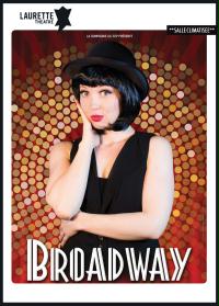 "BROADWAY" ಎಂಬ ಶೀರ್ಷಿಕೆಯ, ಮಾದರಿಯ ಹಿನ್ನೆಲೆಯಲ್ಲಿ ಕಪ್ಪು ಟೋಪಿ ಮತ್ತು ಉಡುಪಿನಲ್ಲಿ ಮಹಿಳೆಯ ಭಾವಚಿತ್ರ