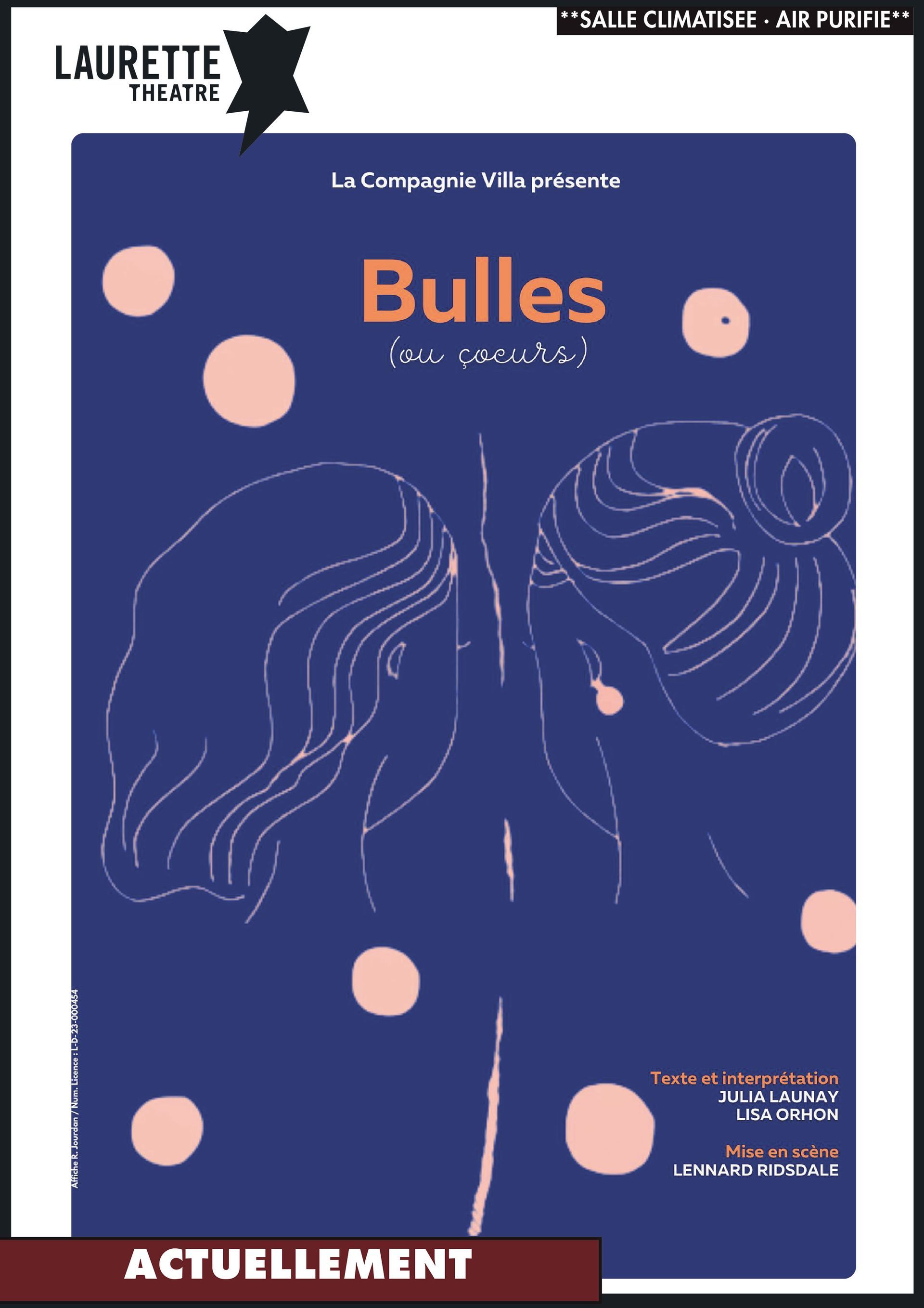 Poster: Zwee Personnagen stinn sech géigesäiteg vis-à-vis, bloen Hannergrond, rosa Blosen, Titel "Bubbles".